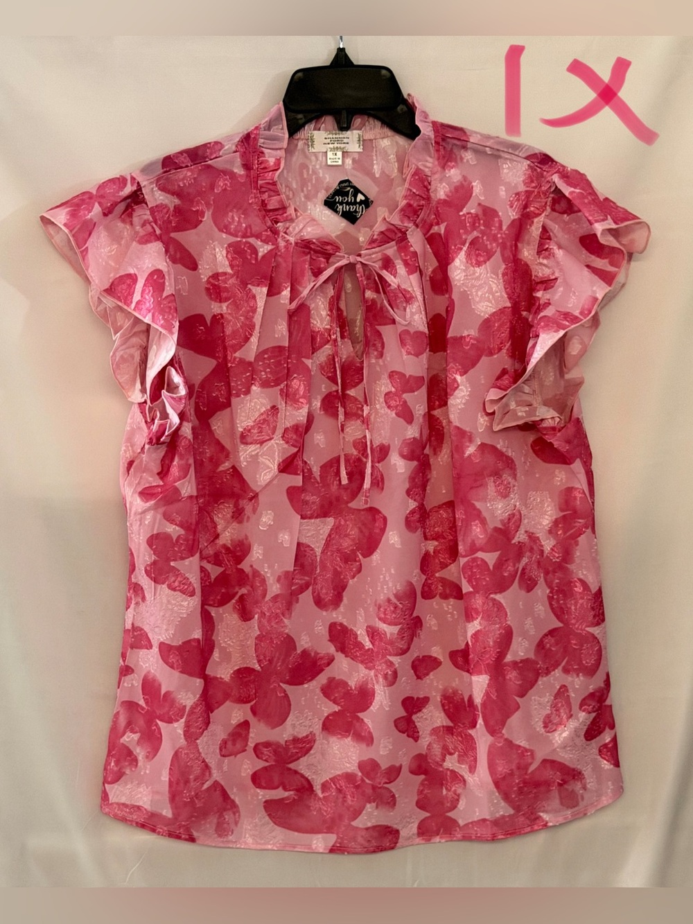 Tie-Neck Ruffle Butterfly Blouse - Pink